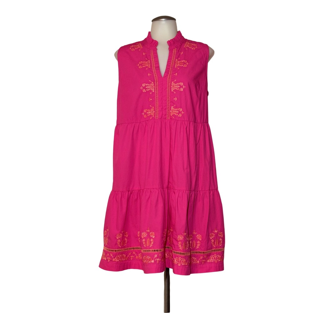 Crown & Ivy Tiered Mini Dress Women Med Pink Embroidered Sleeveless NWOT Cotton